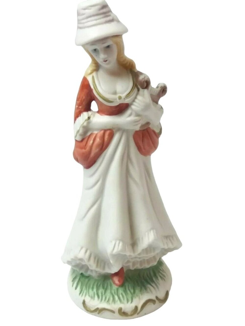 Vintage 80s Victorian Lady Figurine Harp Player Porcelain Bisque Marked "B" 7.5"